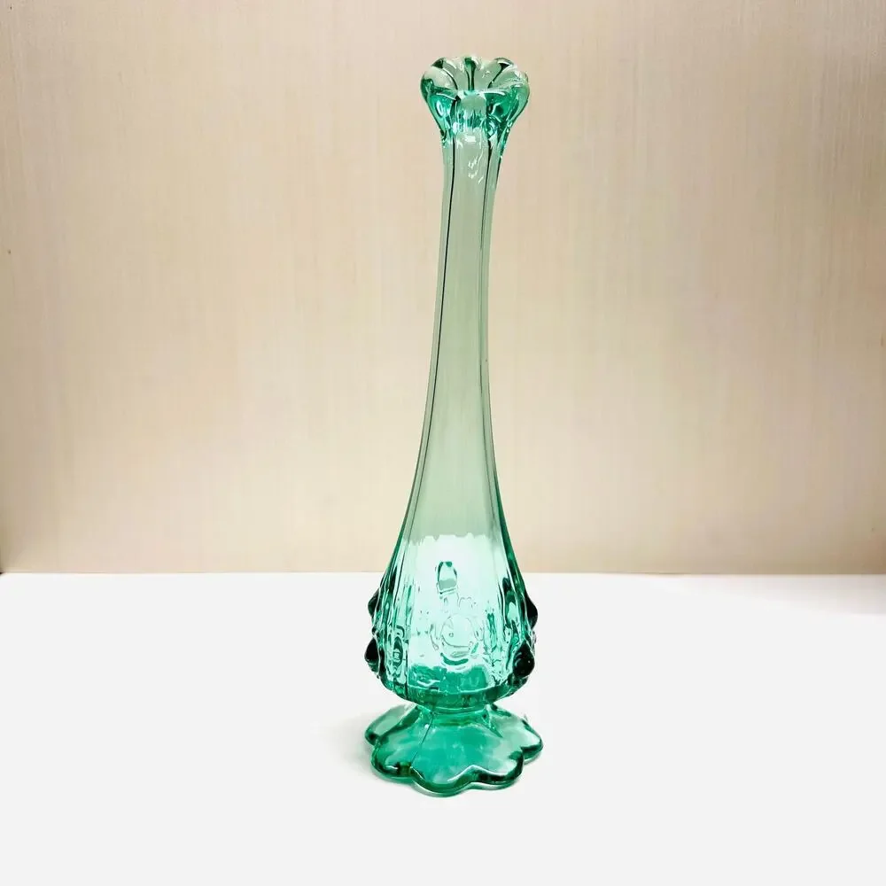 Vintage Fenton Glass Swung Bud Vase Blue Green Cabbage Pattern